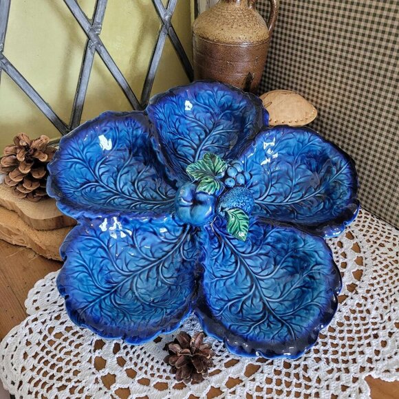 Inarco Mood Indigo Vintage Ceramic Serving Tray - Blue Fruits - Picture 1 of 13
